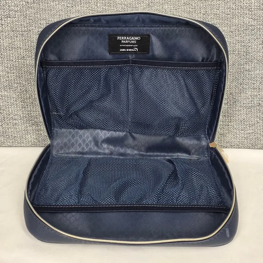 FERRAGAMO PARFUMS x AIR INDIA AMENITY POUCH – NAVY BLUE – GOLD HARDWARE – 8x6x2
